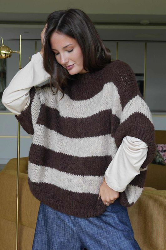  Big Softie Block Stripe Cap Sleeve Knit Top Chocolate Mocha 